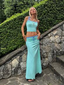 SHEIN ICON Bộ áo yếm màu tương phản Hawaii Teal cho kỳ nghỉ hè & váy ngắn bó cạp thấp - Màu xanh Bạc hà - Xem 5