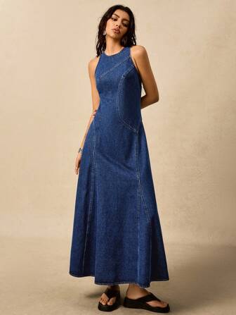 Easelle 女士休闲蓝线印花开叉宽松牛仔连衣裙，适合春夏季度假