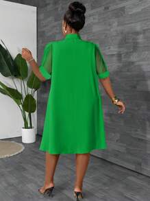 Maweii 大码女式宽松网眼拼布蝴蝶结设计夏季度假连衣裙 - 橄欖綠 - 查看 2