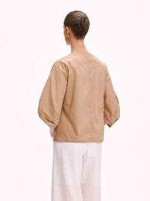 SHEIN Unity 女士纯色V领灯笼袖舒适简约衬衫 - 藕粉色 - 查看 2