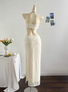 Soleia Váy đi biển cho nữ có họa tiết vỏ kim loại, váy đuôi cá bằng vải dệt kim khoét eo cao màu trắng, thích hợp cho tiệc tùng, hẹn hò, trà chiều, đi biển - Màu be - Xem 2