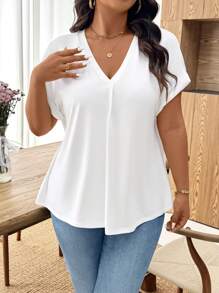 Breezaya Camiseta casual de manga corta con cuello en V y pliegues en la espalda, de unicolor, para salir, vacaciones y uso casual de negocios, talla grande para mujer