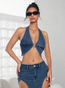 SHEIN ICON Women's Simple Solid Denim Top - Blue - View 7