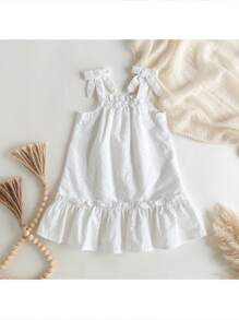 Loomiva Baby Girl Solid Color Embroidered Hollow-Out Square Neck Slip Dress - White - View 7