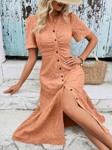 SHEIN Clasi Hollow Out Embroidered Button Up Dress With Ruffle Hemline Maxi Women Outfit - Khaki - View 3