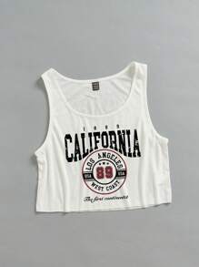 SHEIN EZwear Áo ba lỗ hở vai cổ chữ U rộng rãi cho nữ, họa tiết Los Angeles, phù hợp cho mùa hè - trắng - Xem 6