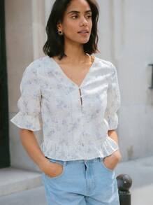 lacRébo Blusa de botones con bordado floral vintage de vacaciones, con volantes en el bajo, para oficina, atuendo de maestra, parte superior de otoño, ropa de mujer de otoño e invierno - Blanco - Ver 6