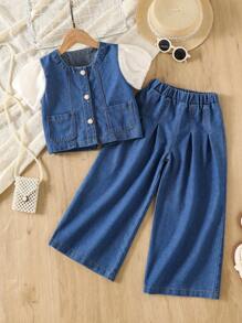 SHEIN 2 件套年轻女孩休闲牛仔混合泡泡袖服装，适合春夏季日常穿着 - 藍色 - 查看 2