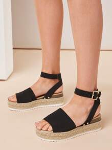 SHUZIA 露趾搭扣踝帶厚底編織底涼鞋 - 黑色 - 查看 4