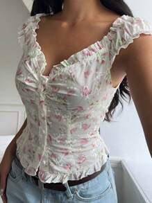 CovetEZ 女式休闲碎花荷叶边单排扣衬衫 - 彩色 - 查看 6