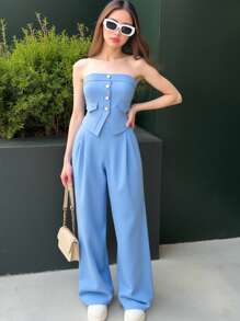 SHEIN Set de 2 piezas de top corto de tirantes de unicolor y pantalones rectos para chica adolescente, conjunto casual de verano