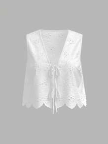 SHEIN MOD Plus Size Sleeveless V-Neck Front Tie Cropped Top Woman  Summer Clothes,White Hollow Embroidery, Sleeveless Top, Lace-Up, Holiday Style Top