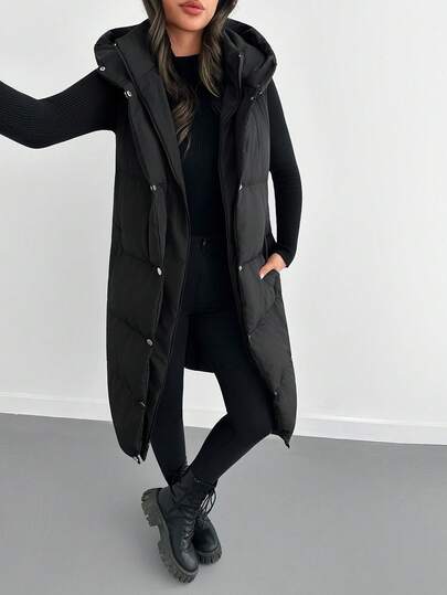 SHEIN Tall Women's Winter Clothes Solid Color Double-Breasted Sleeveless Hooded Padded Padded Coat