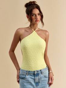 SHEIN BAE Bộ đồ liền thân hở lưng trang trí khóa kim loại mùa xuân cho nữ - Màu vàng - Xem 2