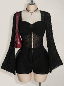 SHEIN ICON Plus Size Knitted Jacquard Flared Sleeve Pleated Square Neck Sexy T-Shirt, Knit Top, Suitable For Summer, Y2K Style