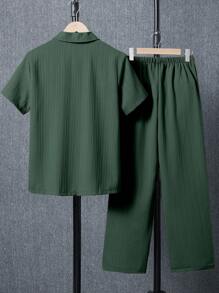 Teenager (Male) Casual Street Chic Academic Urban Short Sleeve Shirt And Long Pants 2pcs Set, School, Campus, College - Dark Green - View 2