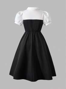Sweetra Young Teen Girls Contrast Color 2 In 1 Short Puff Sleeve Summer Dress