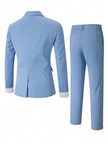 Calvornis 男士两件套纯色翻领西装外套和裤子休闲西装套装男士婚礼服装 - 藍色 - 查看 2