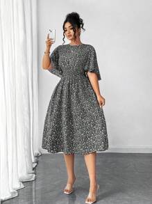 Elenzga Đầm midi chữ A cổ tròn tay bèo nhún họa tiết hoa cỡ lớn cho nữ, trang phục thường ngày thanh lịch - màu đen - Xem 4