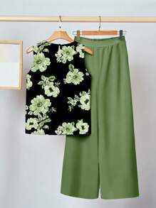 SHEIN Clasi 2 件女士休闲简约绿黑拼色手绘花卉图案套装，适合夏季 - 彩色 - 查看 2