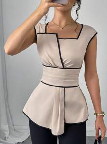 SHEIN Clasi Women's Contrast Color Trim Square Collar Waist Fitted Elegant Blouse, Summer   Business Casual Woman  Work Clothes Women  Office Outfits For Women    Business Casual  Business Women Attire   Professional Women Clothes   Graduation Dress  Woman  Clothes   Teacher Clothes   Airport Summer Honeymoon Woman For Women Boho