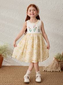 Blossori Vestido de vacaciones sin mangas con bordado floral para niñas jóvenes - Multicolor - Ver 4