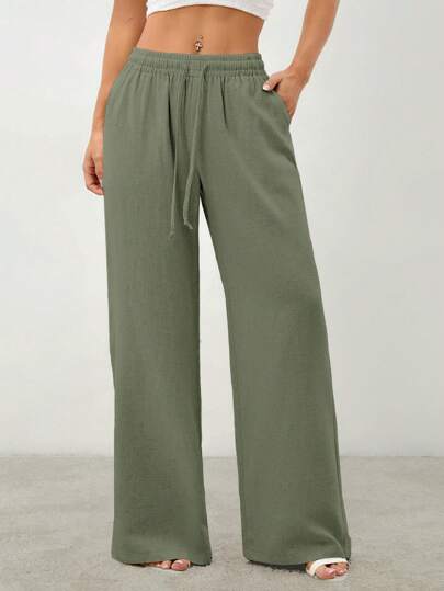 SHEIN PETITE Women's Solid Color Casual Drawstring Tie-Front Pants With Pockets,Cargo Pants