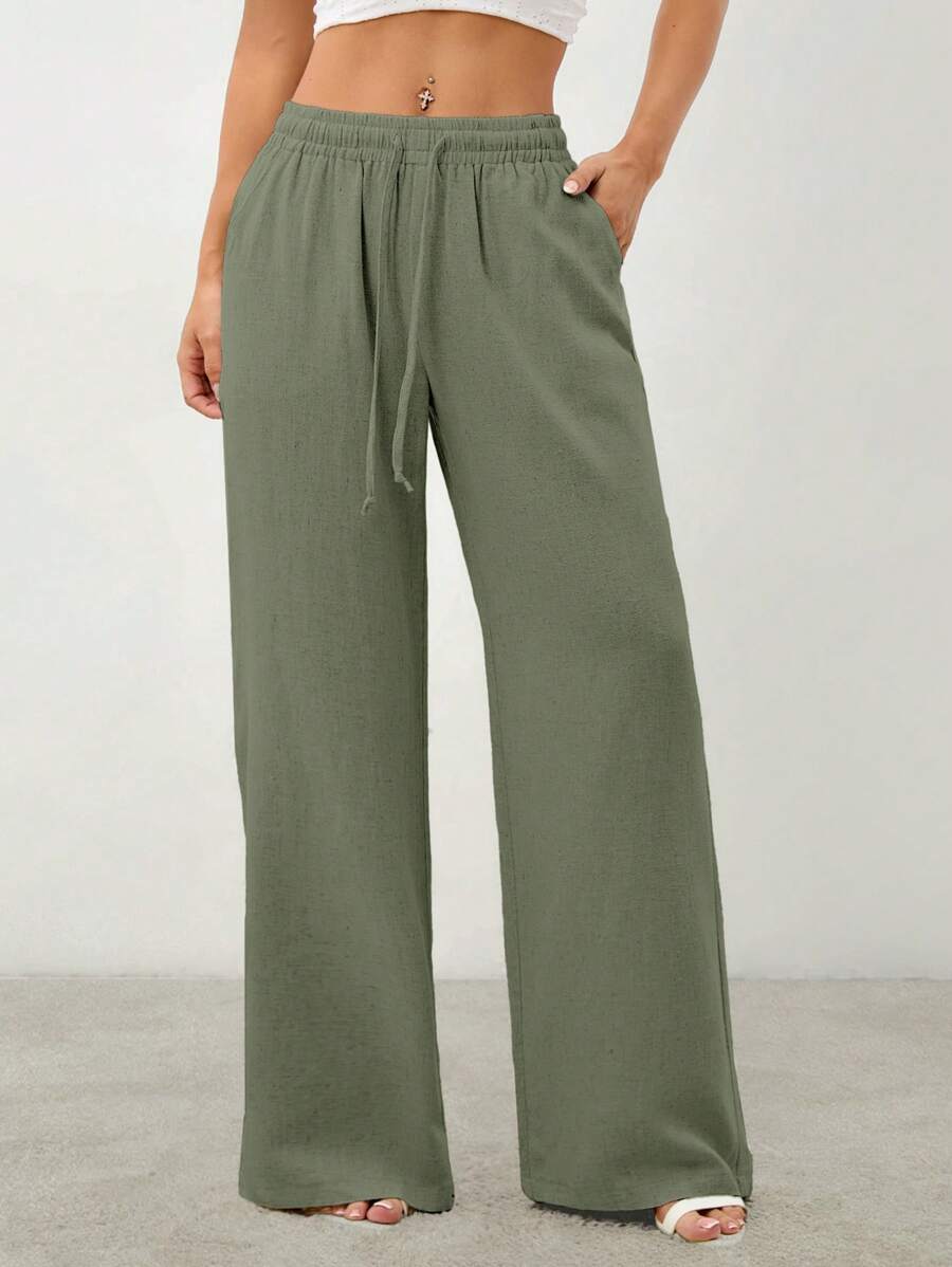SHEIN PETITE Women's Solid Color Casual Drawstring Tie-Front Pants With Pockets,Cargo Pants - Army Green - View 1