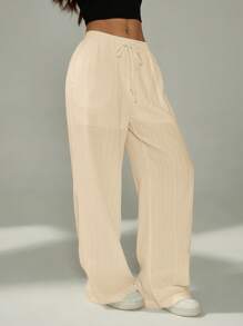 SHEIN PETITE 女式纯色打结口袋休闲假日裤 - 米色 - 查看 7