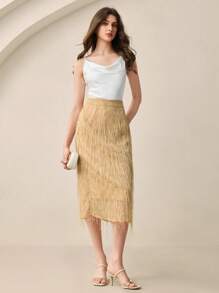 BizChic Woven Fabric Midi Skirt For Women Stylish Camel Fringe Design With Zipper - Camel - View 1