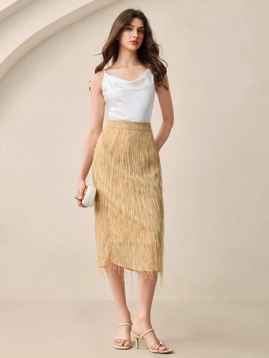 BizChic Woven Fabric Midi Skirt For Women Stylish Camel Fringe Design With Zipper - Camel - View 1