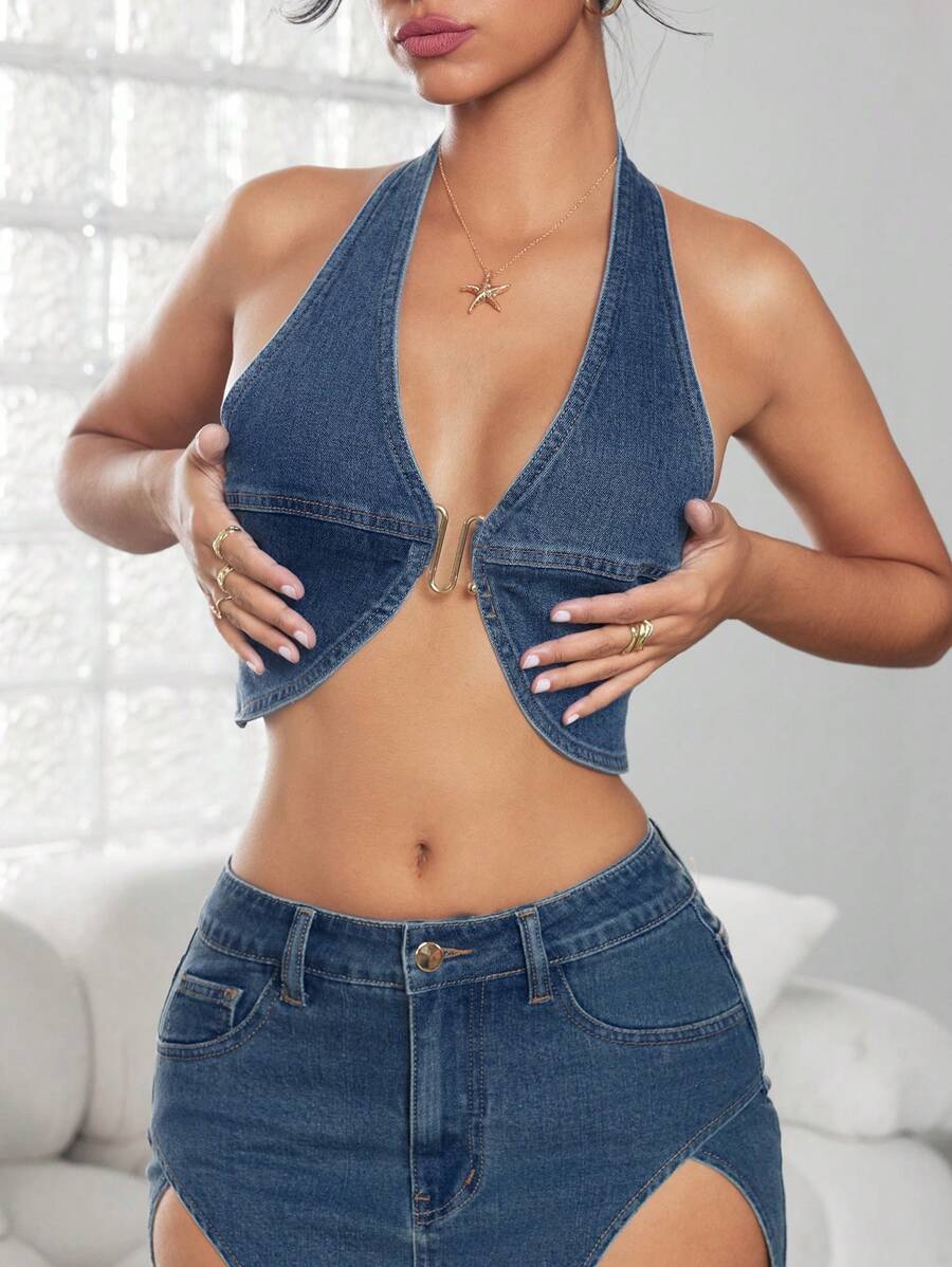 SHEIN ICON Women's Simple Solid Denim Top - Blue - View 1