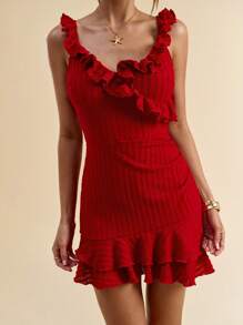 SHEIN BAE Women's Summer Solid Red V-Neck Ruffle Trim Camisole Dress/Summer Dresses For Women/Prom Dress/Graduation Dress/Red Dress