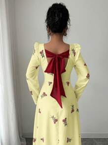 Modelyn Women's Printed Mixed Fabric Splice Long Fitted Dress Fall Cloth For Women - Yellow - View 6