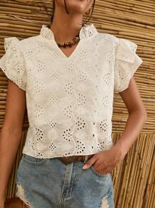 Bóhologie Embroidery Butterfly Sleeve V Neck Blouses - White - View 1