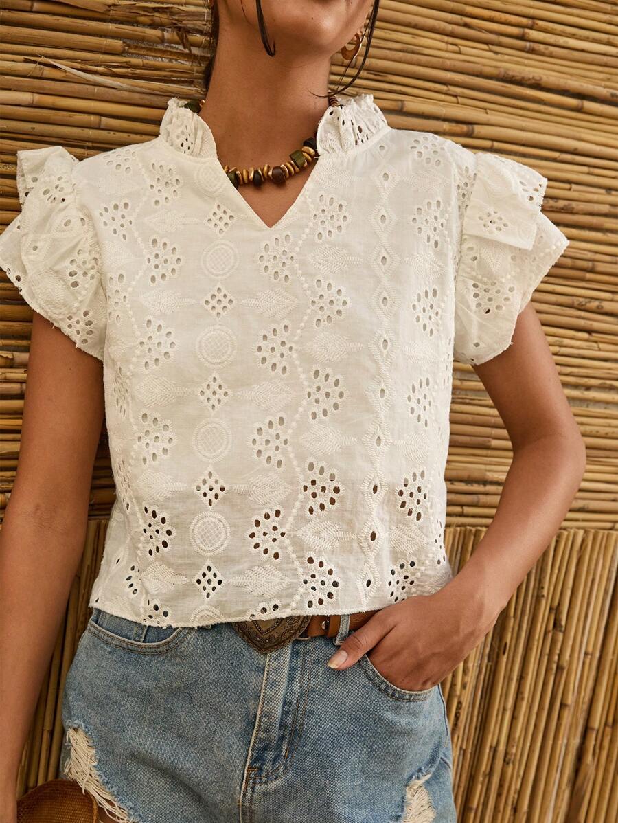 Bóhologie Embroidery Butterfly Sleeve V Neck Blouses - White - View 1