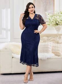 Modelyn 大码女式蕾丝荷叶边短袖鱼尾下摆优雅连衣裙 - 藍色 - 查看 4