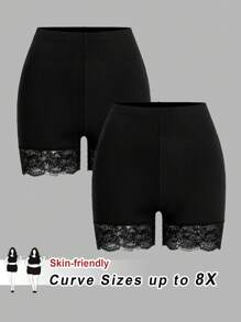 SHEIN CURVE+ Women Plus Size 2pcs Contrast Lace Leggings Set, Summer/Graphic Tees - Black - View 1