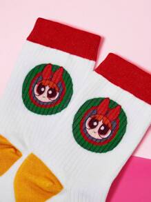 THE POWERPUFF GIRLS X SHEIN Blossom Pattern Fashionable Cute Contrast Color Crew Socks - White - View 2