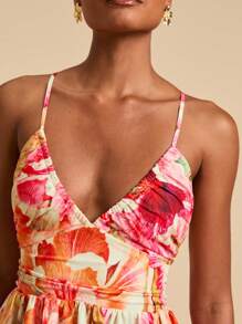 Travachic Women's Sleeveless V-Neck Summer Waist Gathered Pink Floral Camisole Dress,Boho Garden Party Holiday Holiday Beach Vacation Outfits Bohemian Western - Multicolor - View 1