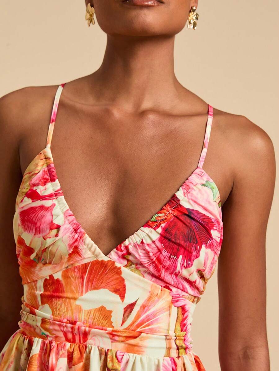 Travachic Women's Sleeveless V-Neck Summer Waist Gathered Pink Floral Camisole Dress,Boho Garden Party Holiday Holiday Beach Vacation Outfits Bohemian Western - Multicolor - View 1