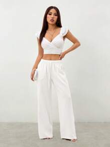 SHEIN PETITE Women's Tie-Front Trousers With Pockets,Cargo Pants