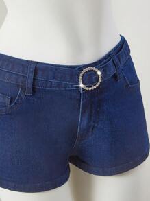 Comfortcana Casual Washed Denim Shorts With Rhinestone Decor Belt For Summer - Dark Wash - View 5