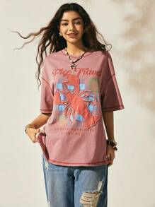 Easelle Áo thun cotton cổ tròn thêu họa tiết tôm hùm dễ thương phong cách Boho thường ngày màu hồng, thời trang mùa hè cho nữ, đồ đi biển - Hồng - Xem 5