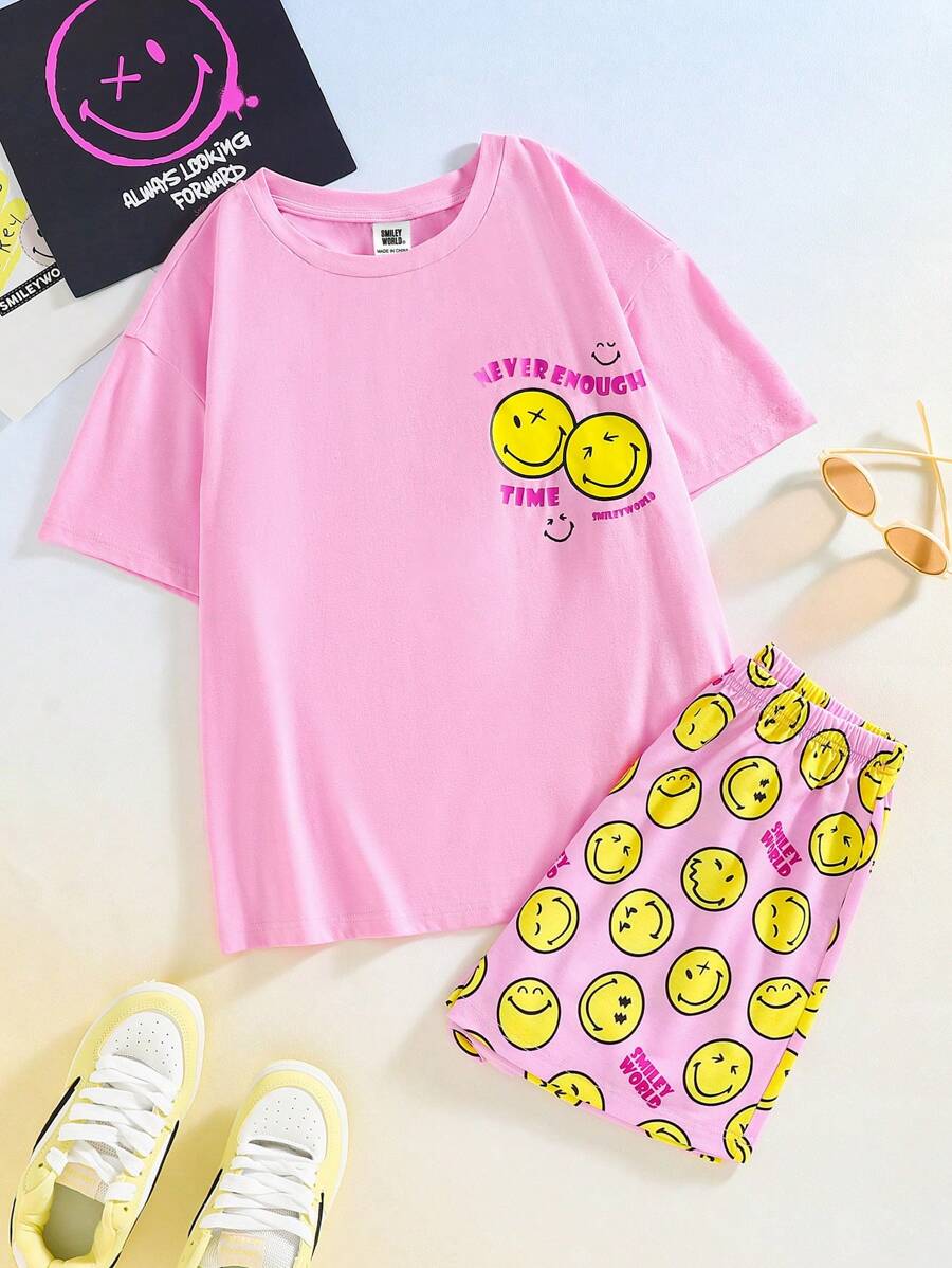 SmileyWorld® | SHEIN 2件套女士笑脸图案短袖上衣和短裤睡衣套装