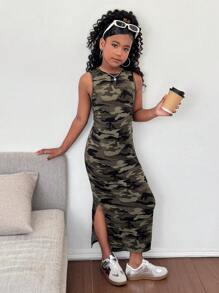 SHEIN Tween Girls' Casual Fashion Army Green Knit Camouflage Waist Ruched Sleeveless Dress - Green - View 1