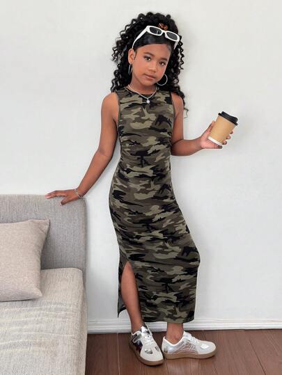 SHEIN Tween Girls' Casual Fashion Army Green Knit Camouflage Waist Ruched Sleeveless Dress