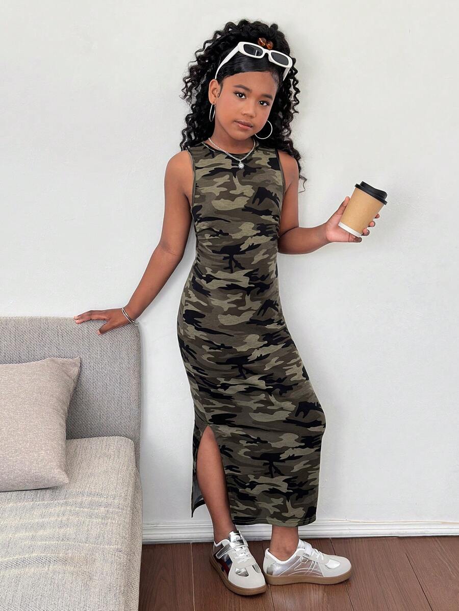 SHEIN Tween Girls' Casual Fashion Army Green Knit Camouflage Waist Ruched Sleeveless Dress - Green - View 1