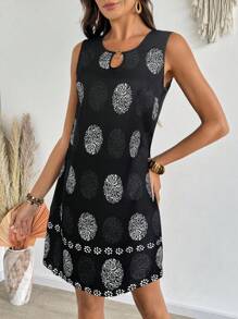 SHEIN LUNE Damen Lässig Kurzkleid mit ganzflächigem Aufdruck und Ausschnitt ohne Ärmel - Schwarz - Übersicht 4