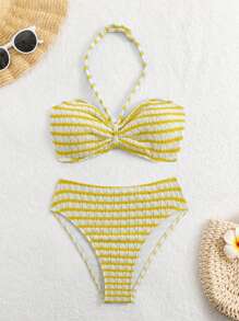 SHEIN Teen Girl Black And White Knitted Texture,Summer Beach Striped Halter Bikini Set,Summer Vacation, Holidays - Yellow - View 1